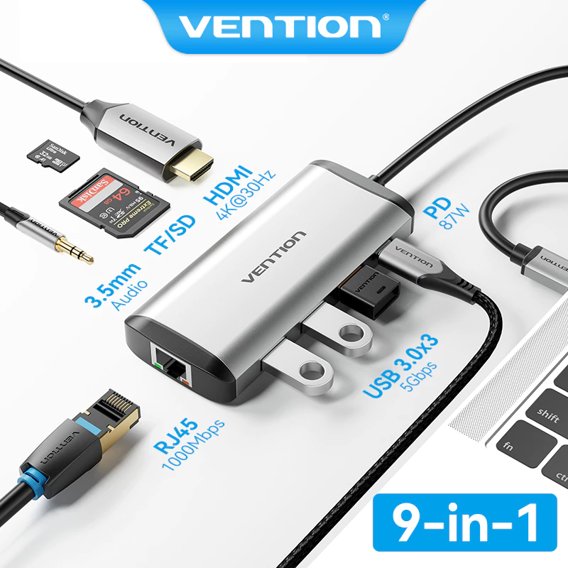 Hub chia cổng Vention chuyển đổi USB Type C sang HDMI 4K sạc PD USB 3.0